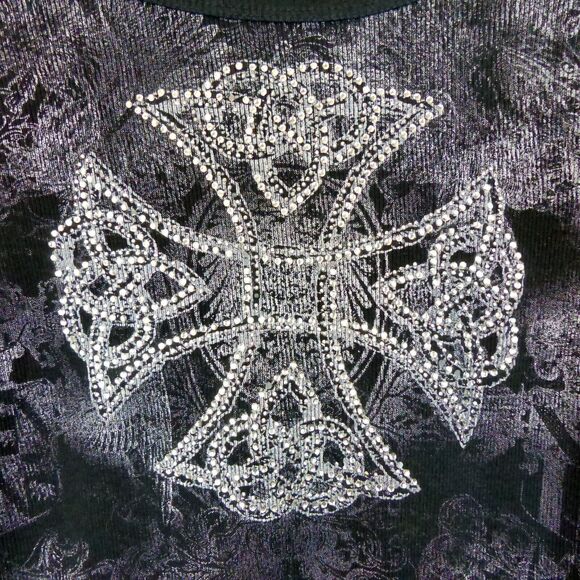 Y2K VTG Bejeweled Embellished Rhinestone Cross Thermal Top Womens XL Black Goth - Picture 4 of 12
